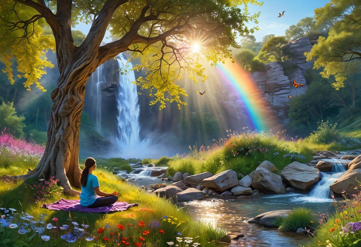 A serene landscape featuring a sunlit meadow filled with blooming wildflowers, a gentle waterfall flowing nearby, and a person meditating under a large, tranquil tree. Add ethereal golden rays streaming through the leaves to symbolize joy and bliss. Include whimsical butterflies flitting around and a distant rainbow in the sky to enhance the sense of happiness. dreamy landscape. vibrant colors. super-realistic.
