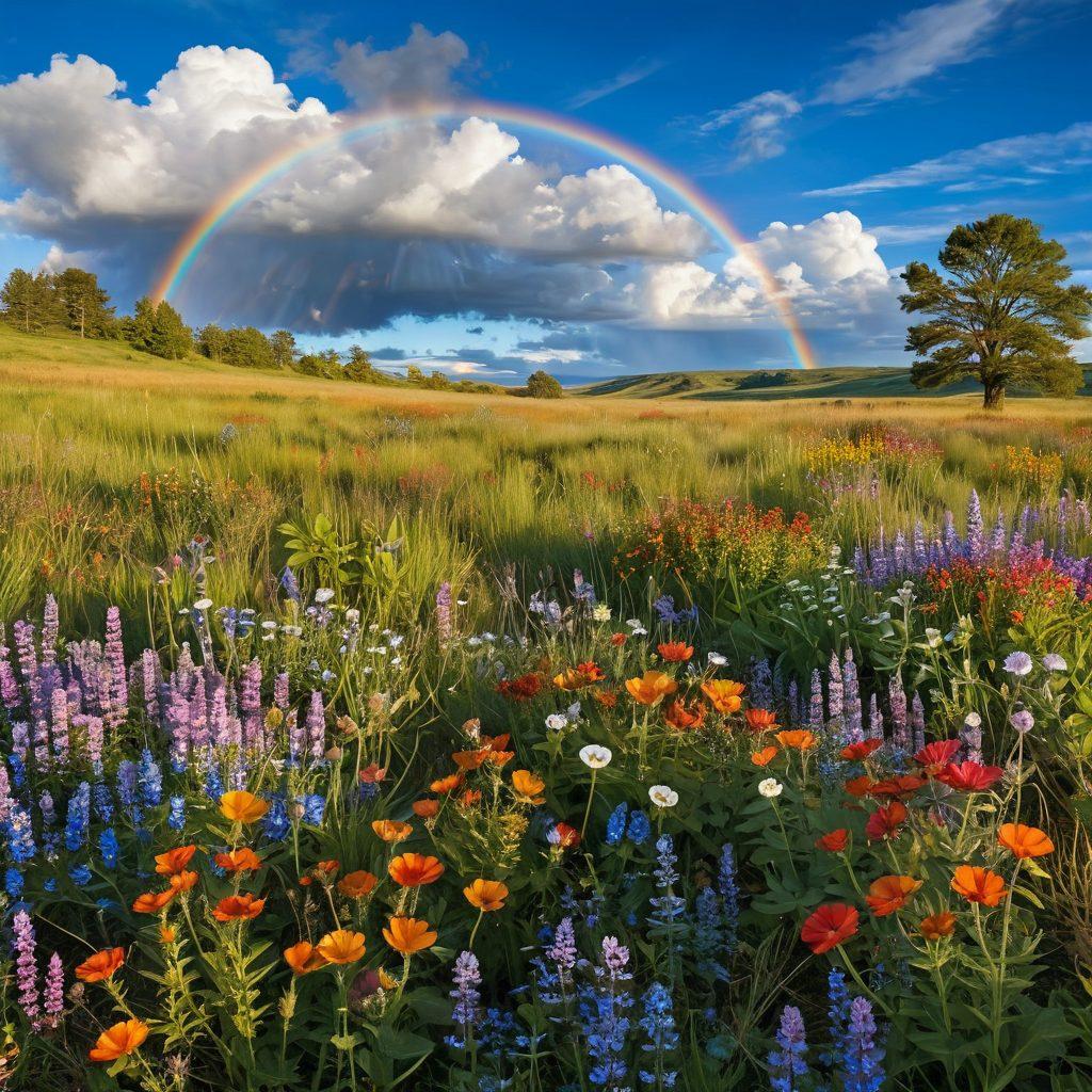 A serene landscape featuring a sunlit meadow filled with colorful wildflowers, where diverse individuals, of different ages and backgrounds, are joyfully sharing moments of gratitude, such as embracing each other or writing in gratitude journals. Scenic blue skies with gentle clouds and a rainbow in the background symbolize positivity and hope. Soft, warm lighting enhances the cheerful atmosphere. vibrant colors. super-realistic.