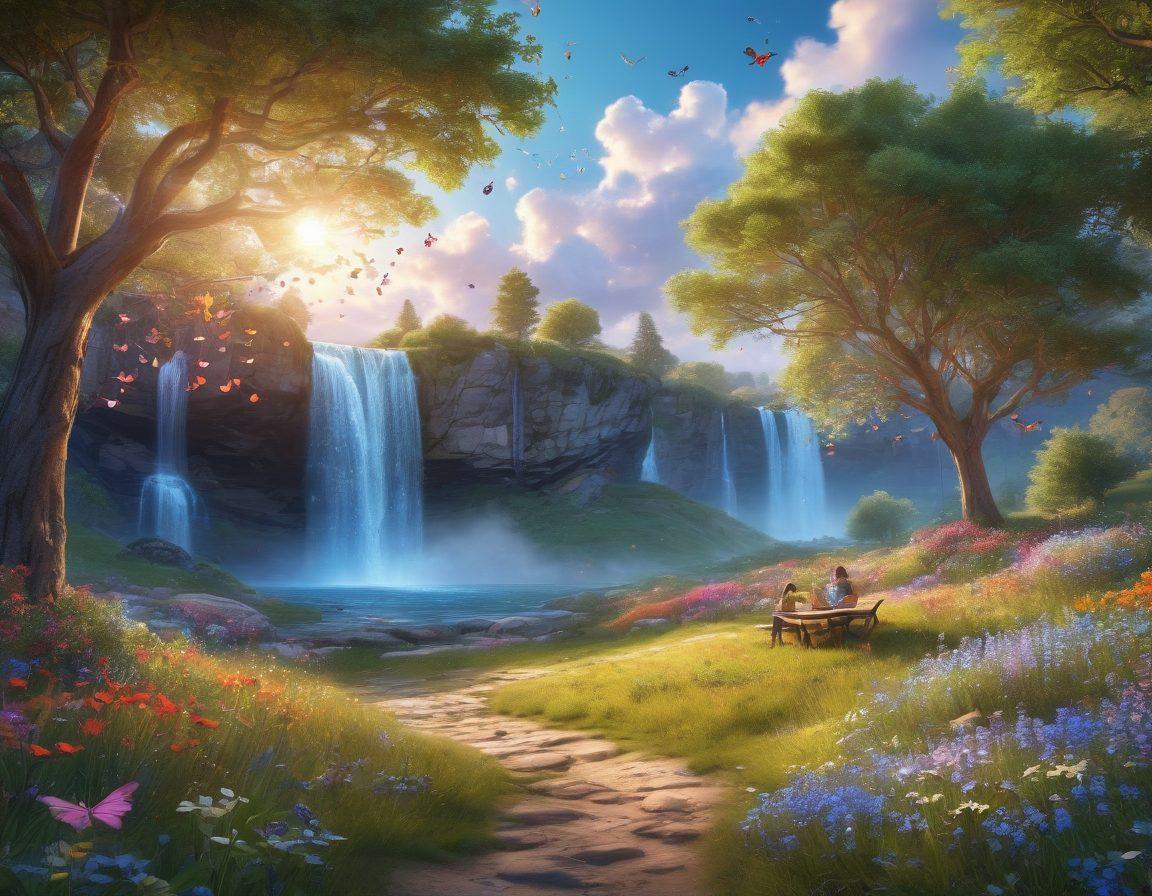 A serene landscape with a sunlit meadow, blooming wildflowers in vivid colors, and a joyful waterfall cascading down rocks. In the foreground, a group of diverse, happy people enjoying a picnic together, surrounded by butterflies and birds in flight. The sky is bright blue with soft, fluffy clouds, creating an uplifting atmosphere. A whimsical touch of fairy lights hanging from trees adds a magical feel. super-realistic. vibrant colors. 3D.